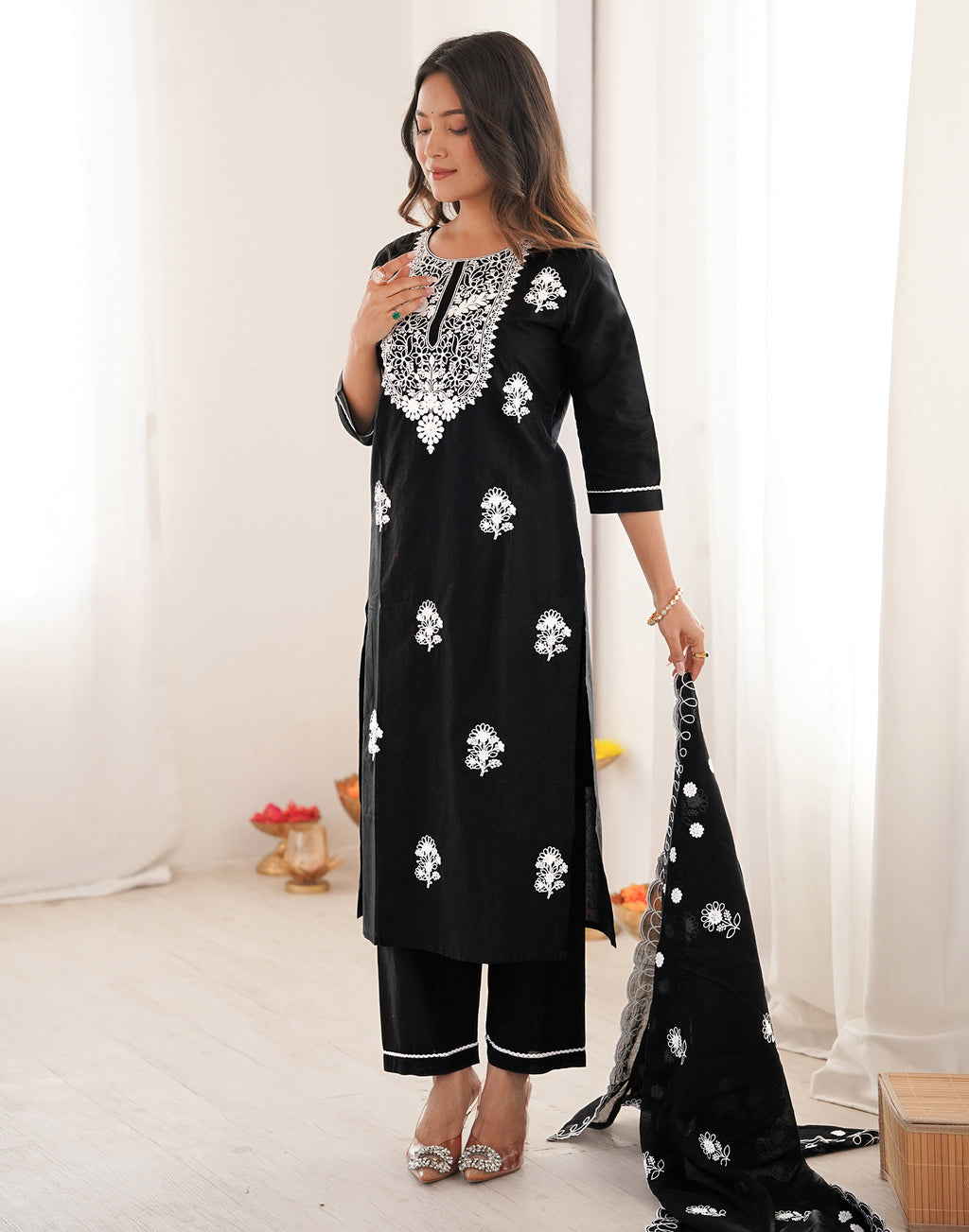 Skylee Cotton Embroidered Straight 3 Piece Kurta Set For Woman