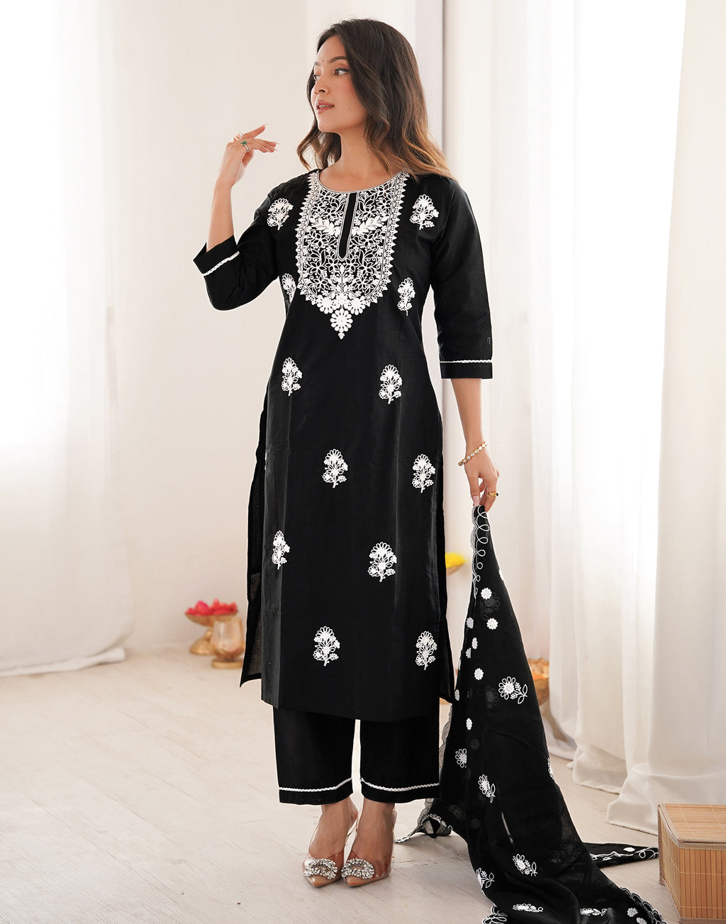 Skylee Cotton Embroidered Straight 3 Piece Kurta Set For Woman