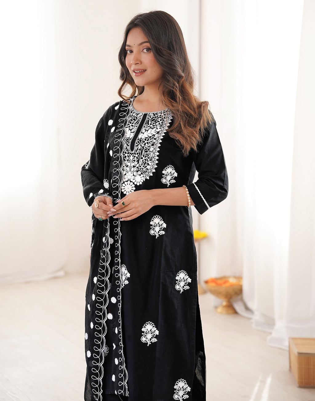 Skylee Cotton Embroidered Straight 3 Piece Kurta Set For Woman