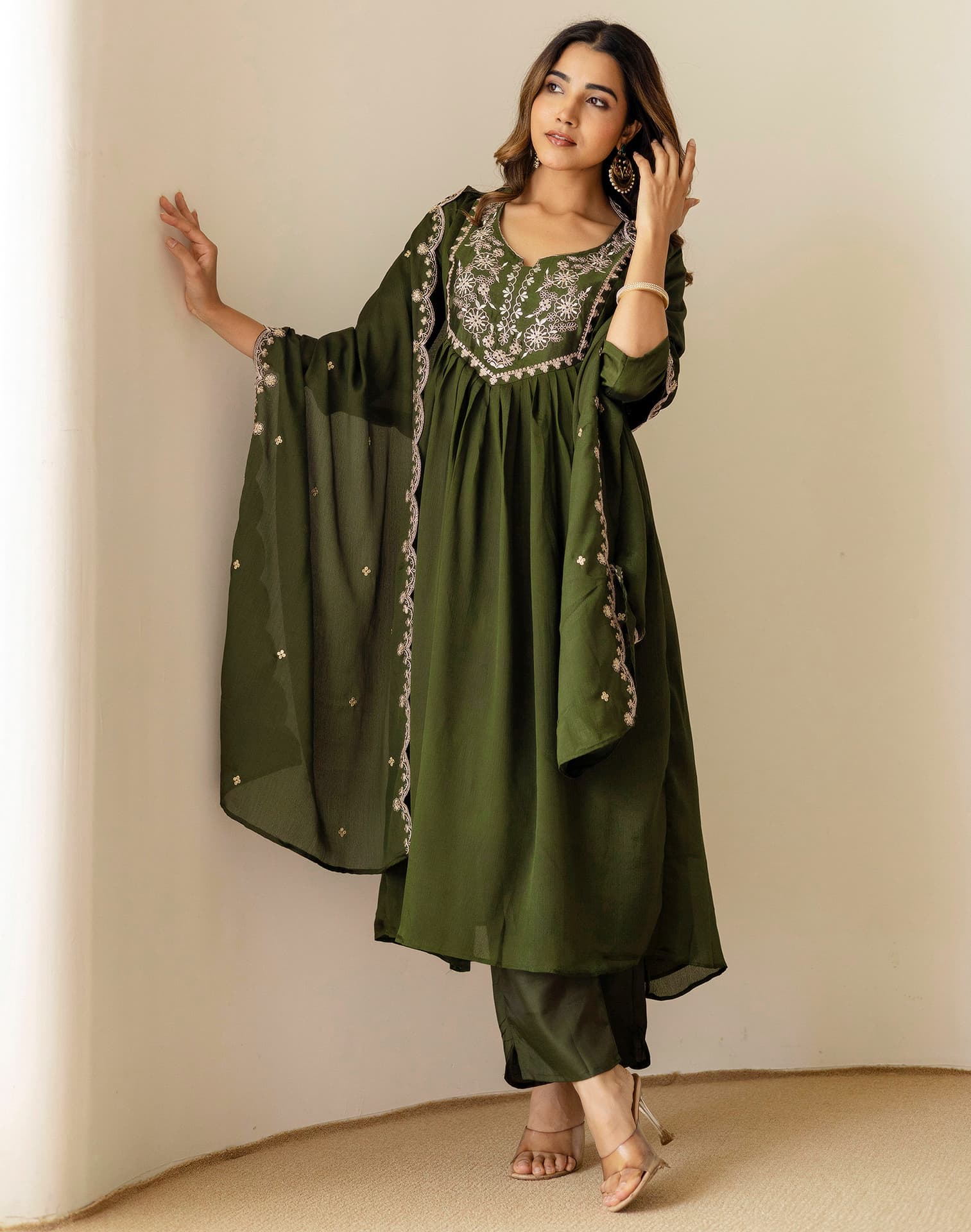 Green Silk Sequin Anarkali Kurta Set with Pant & Dupatta under 1299 