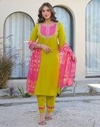 Skylee Rayon Embroidered Straight 3 Piece Kurta Set For Woman
