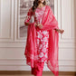 Pink Cotton Printed Straight Kurta Set with Pant & Dupatta V-Neck Floral Kurti for Women