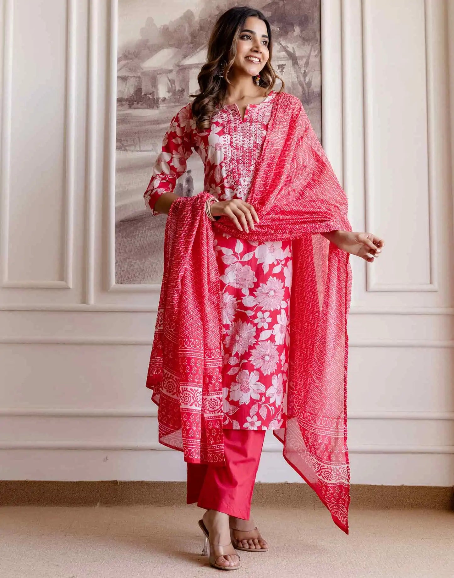 Pink Cotton Printed Straight Kurta Set with Pant & Dupatta V-Neck Floral Kurti for Women