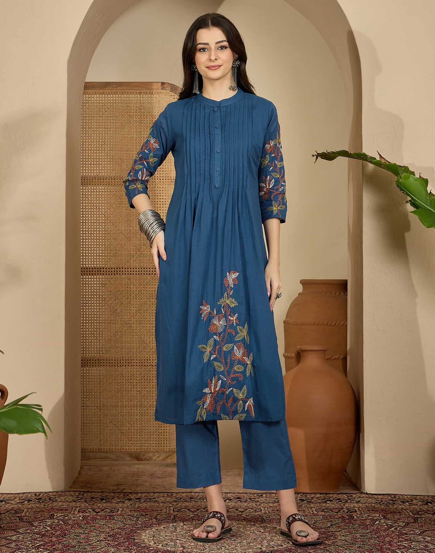 Cotton Straight Embroidery Mandarin Collar Kurta with Pant & Dupatta