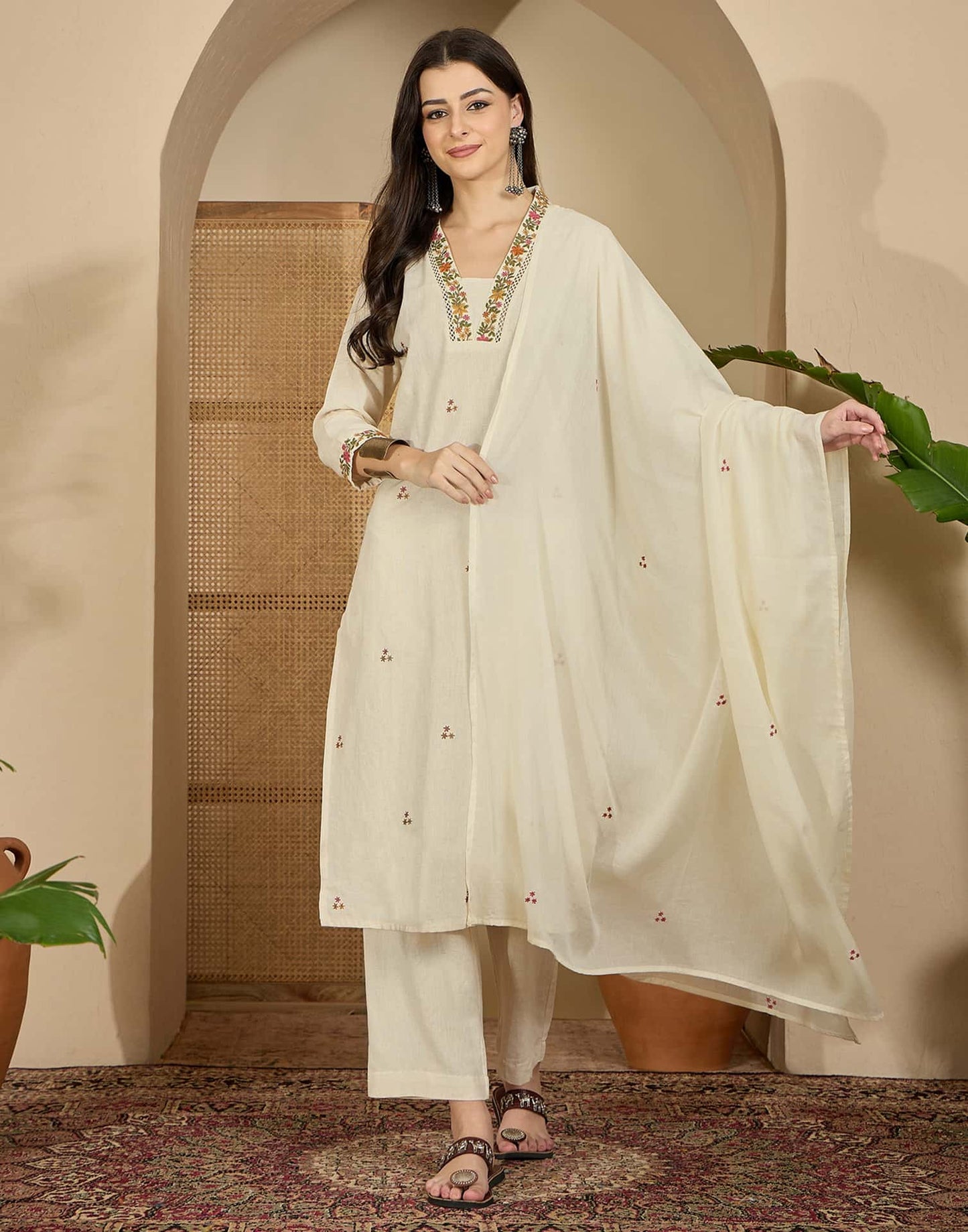 Cotton Flex Straight Embroidery Square Neck Kurta with Pant & Dupatta