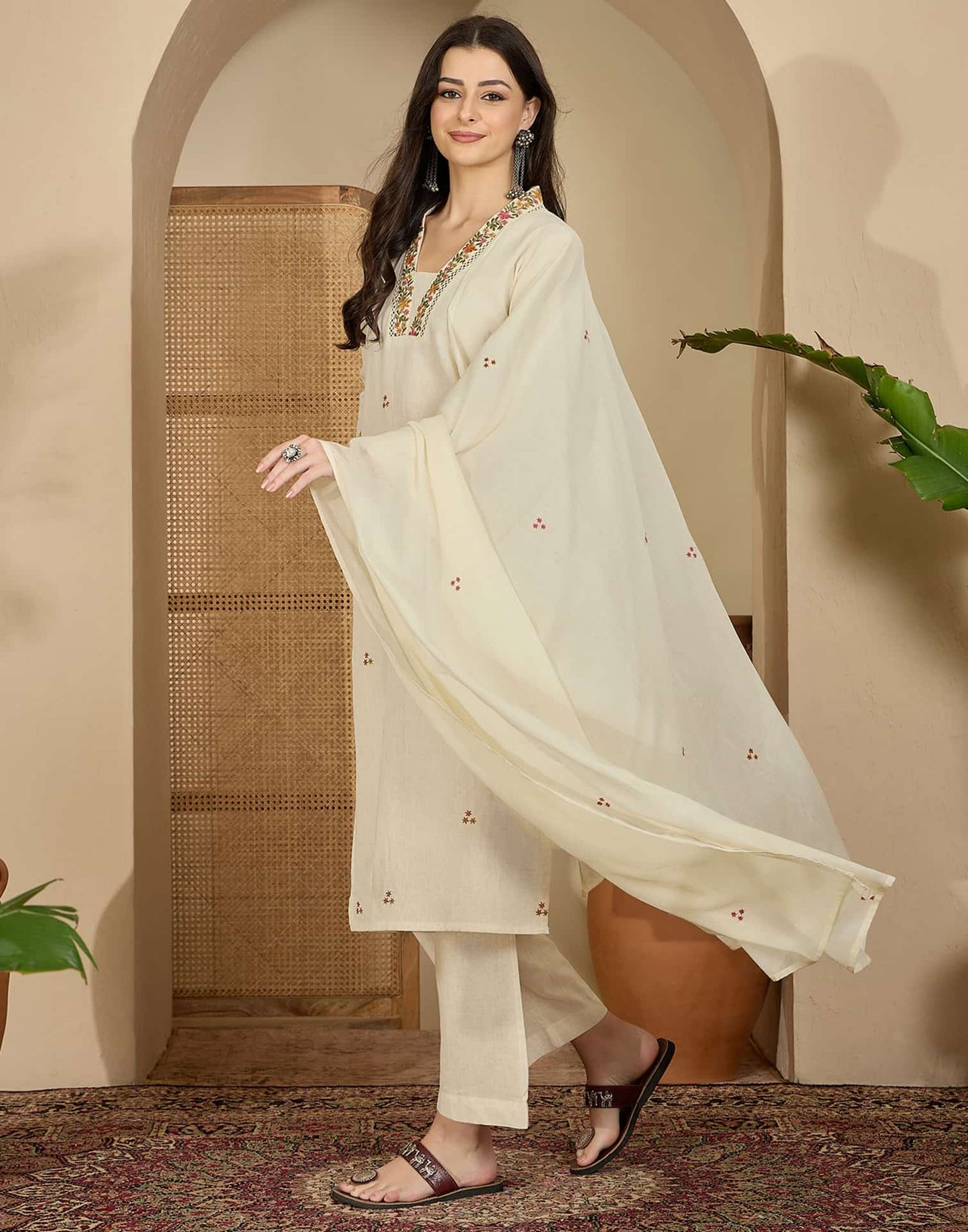 Cotton Flex Straight Embroidery Square Neck Kurta with Pant & Dupatta