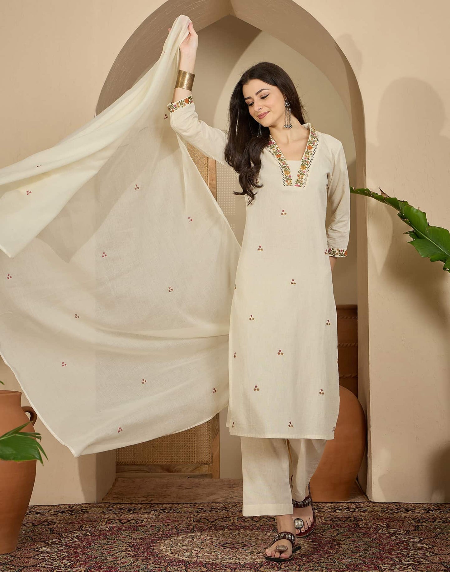 Cotton Flex Straight Embroidery Square Neck Kurta with Pant & Dupatta