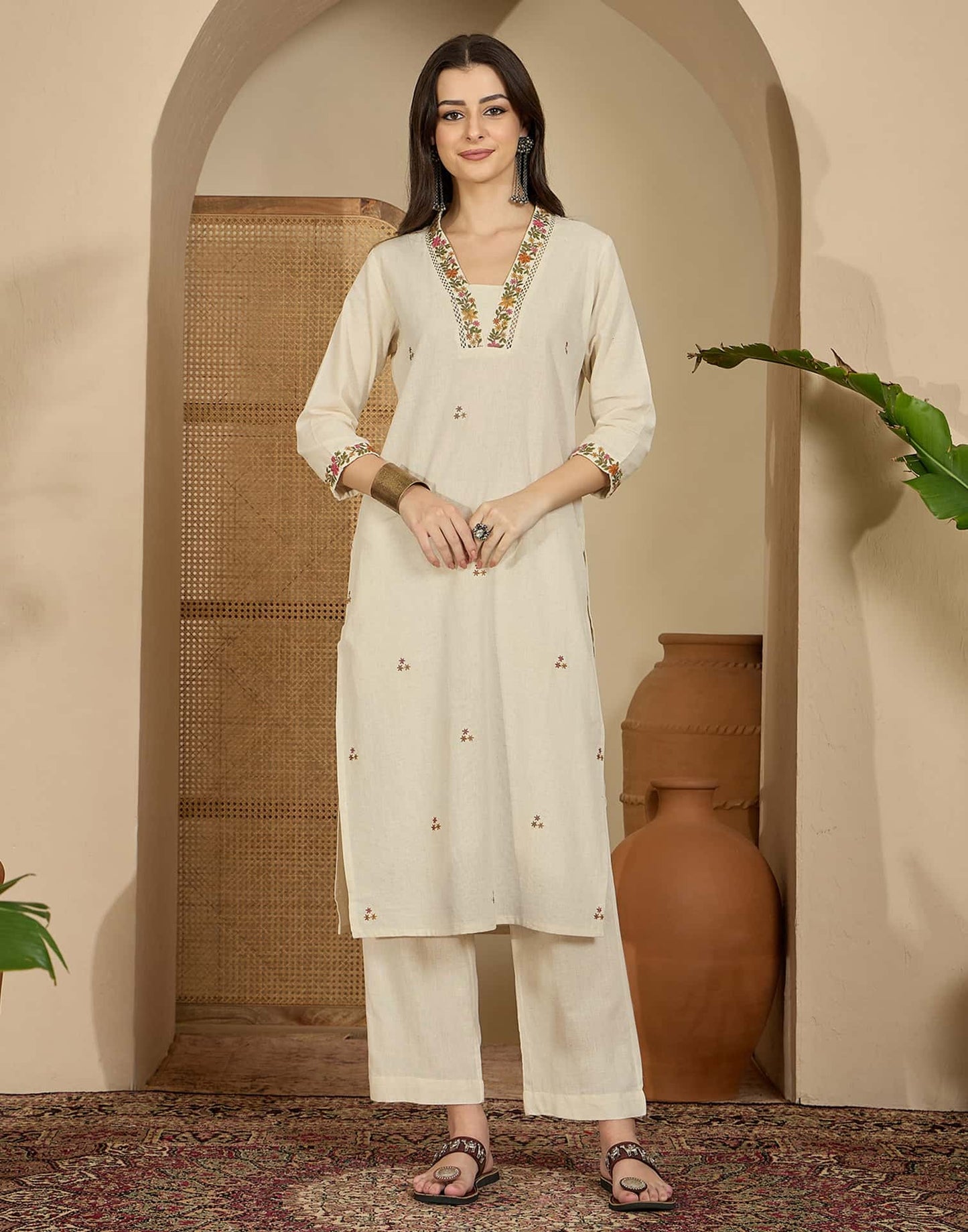 Cotton Flex Straight Embroidery Square Neck Kurta with Pant & Dupatta