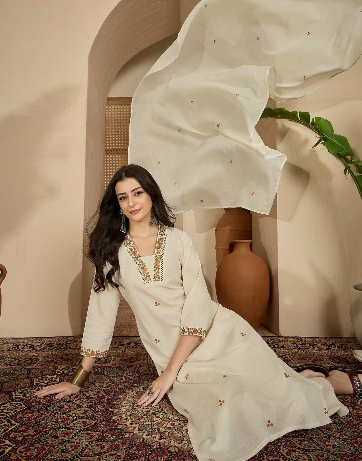 Cotton Flex Straight Embroidery Square Neck Kurta with Pant & Dupatta