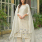 Beige Cotton Embroidered A-Line Kurta Set with Pant & Dupatta for Women Round Neck, Casual & Office Wear Under 1299