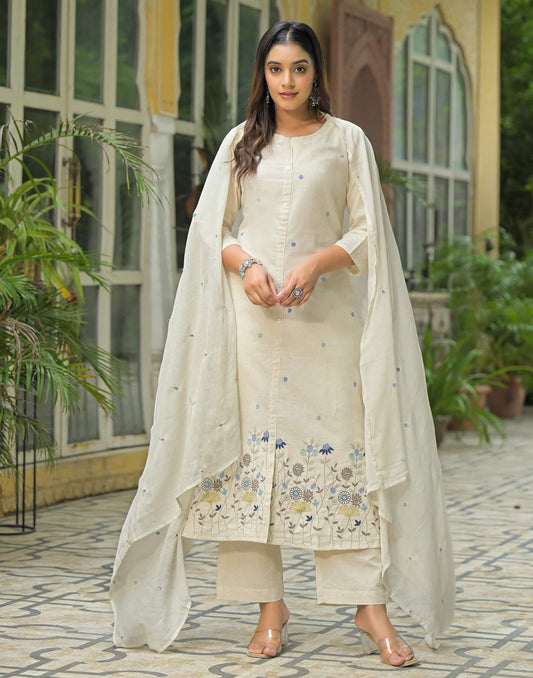 Beige Cotton Embroidered A-Line Kurta Set with Pant & Dupatta for Women Round Neck, Casual & Office Wear Under 1299