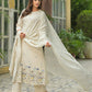 Beige Cotton Embroidered A-Line Kurta Set with Pant & Dupatta for Women Round Neck, Casual & Office Wear Under 1299