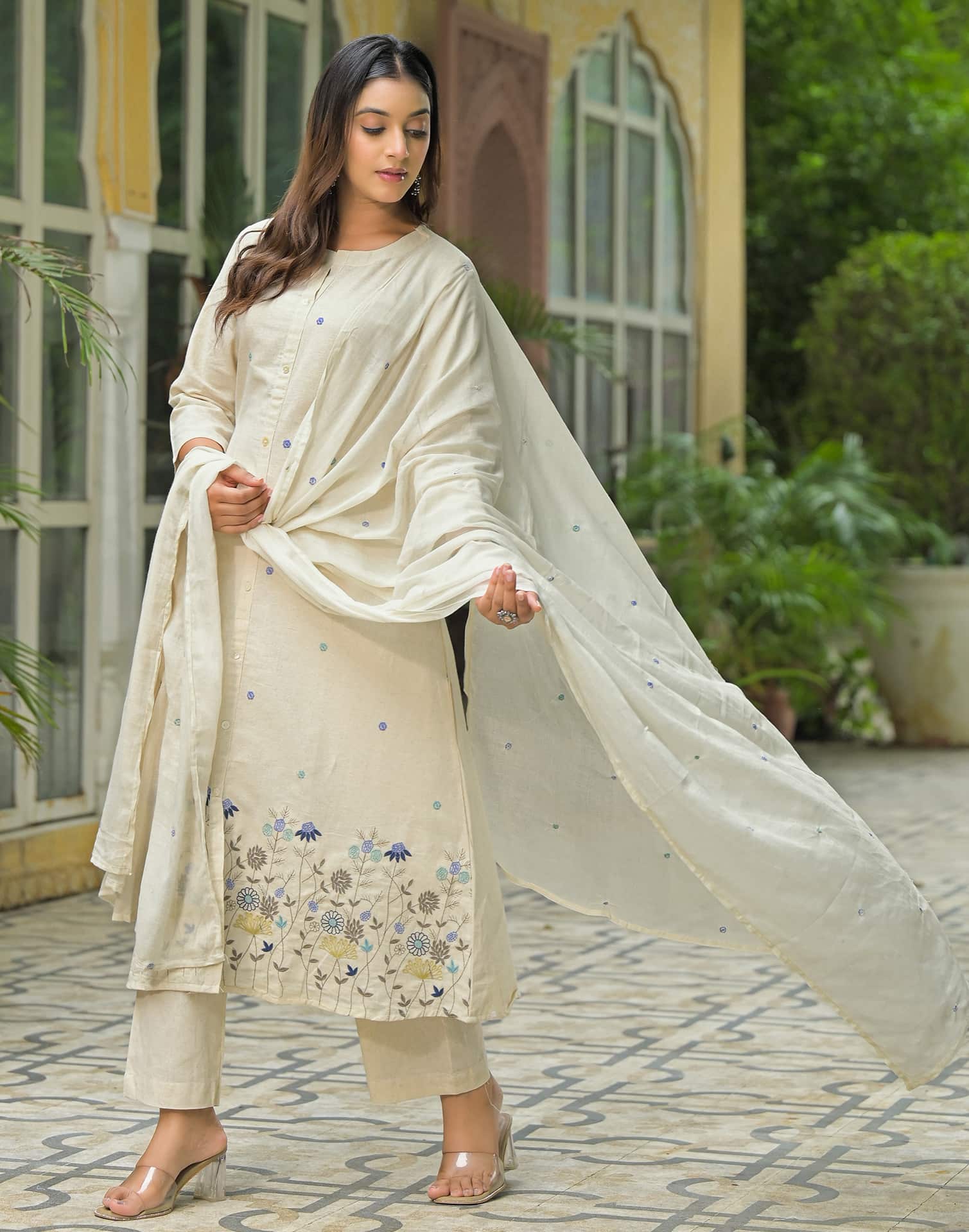 Beige Cotton Embroidered A-Line Kurta Set with Pant & Dupatta for Women Round Neck, Casual & Office Wear Under 1299