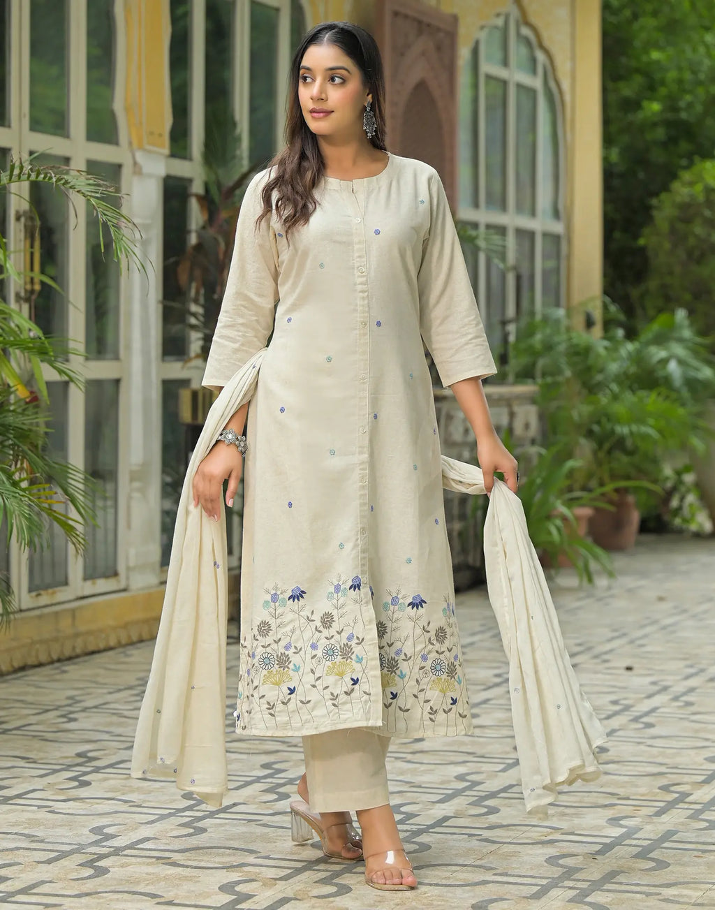 Cotton Flex Embroidered A-Line 3 Piece Kurta Set