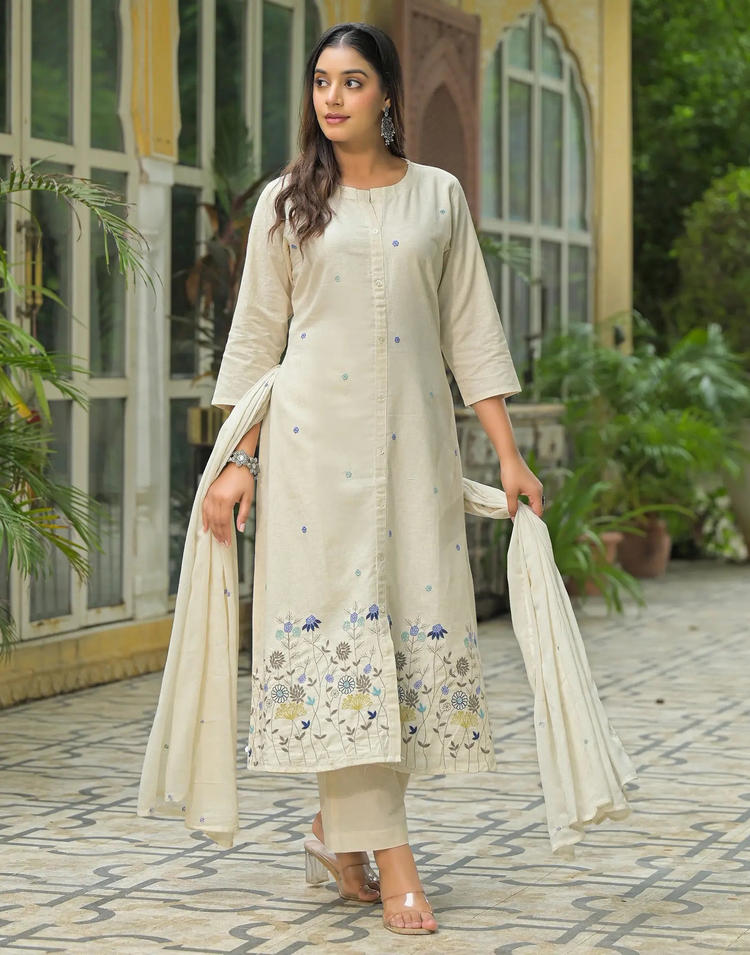 Cotton Flex Embroidered A-Line 3 Piece Kurta Set