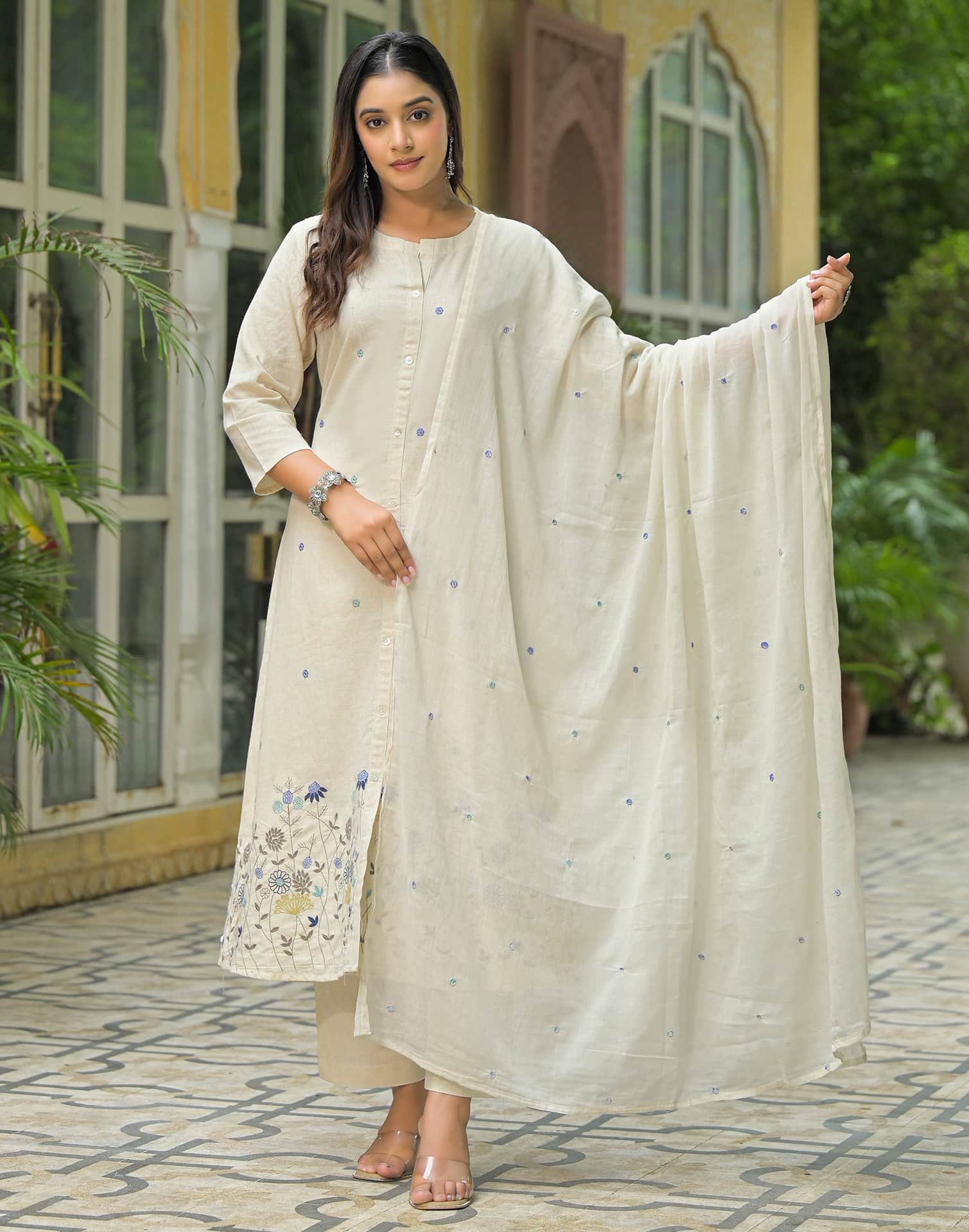 Beige Cotton Embroidered A-Line Kurta Set with Pant & Dupatta for Women Round Neck, Casual & Office Wear Under 1299