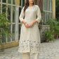 Beige Cotton Embroidered A-Line Kurta Set with Pant & Dupatta for Women Round Neck, Casual & Office Wear Under 1299