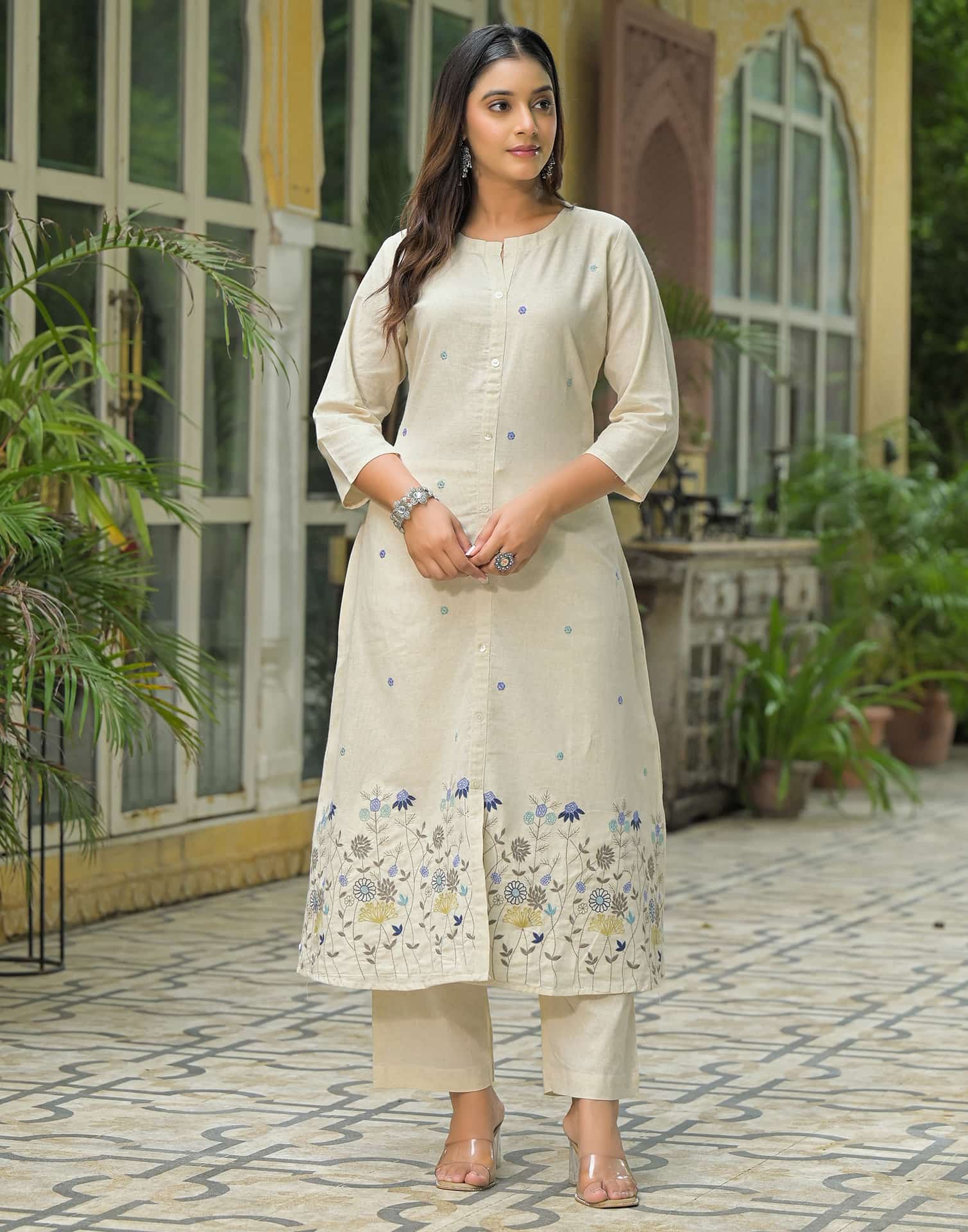 Beige Cotton Embroidered A-Line Kurta Set with Pant & Dupatta for Women Round Neck, Casual & Office Wear Under 1299