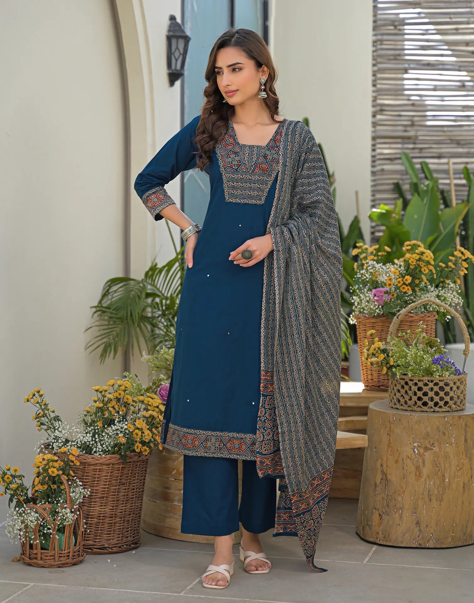 Skylee Cotton Printed Straight 3 Piece Kurta Set For Woman