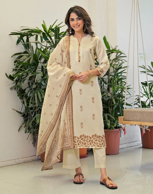 Sand Beige Split Round Neck Floral Buta Printed Straight 3-Piece Kurta Set with Dupatta