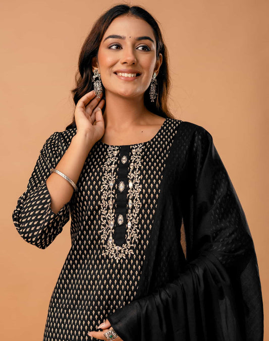 Black Cotton Printed Straight Kurta Set with Pant & Dupatta for Women  Round Neck, Casual & Office Wear Under 1299