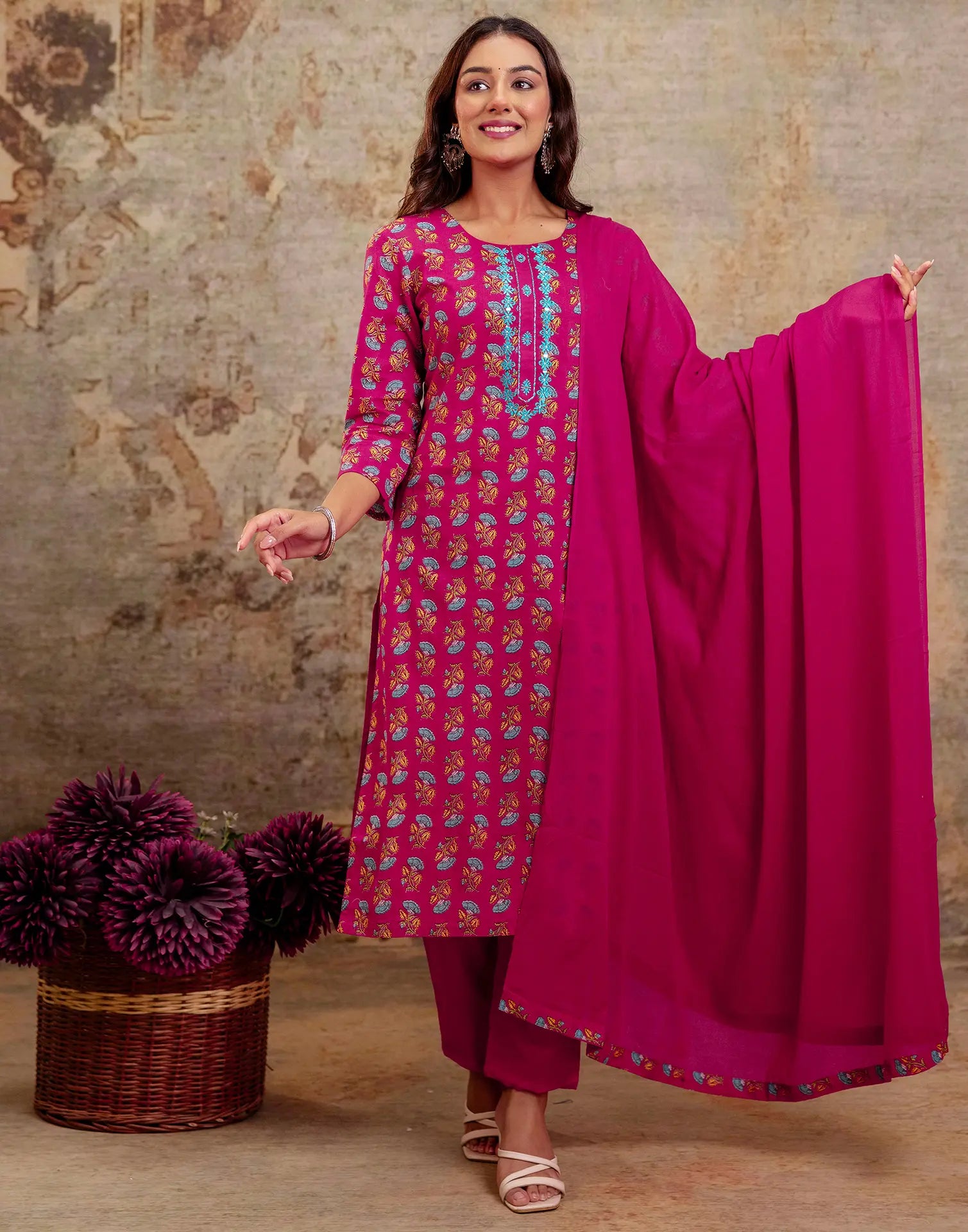 Viscose Rayon Floral Print Straight 3 Piece Kurta Set
