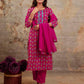 Pink Cotton Printed Straight Kurta Set with Pant & Dupatta for Women Round Neck, Casual & Office Wear Under 1299