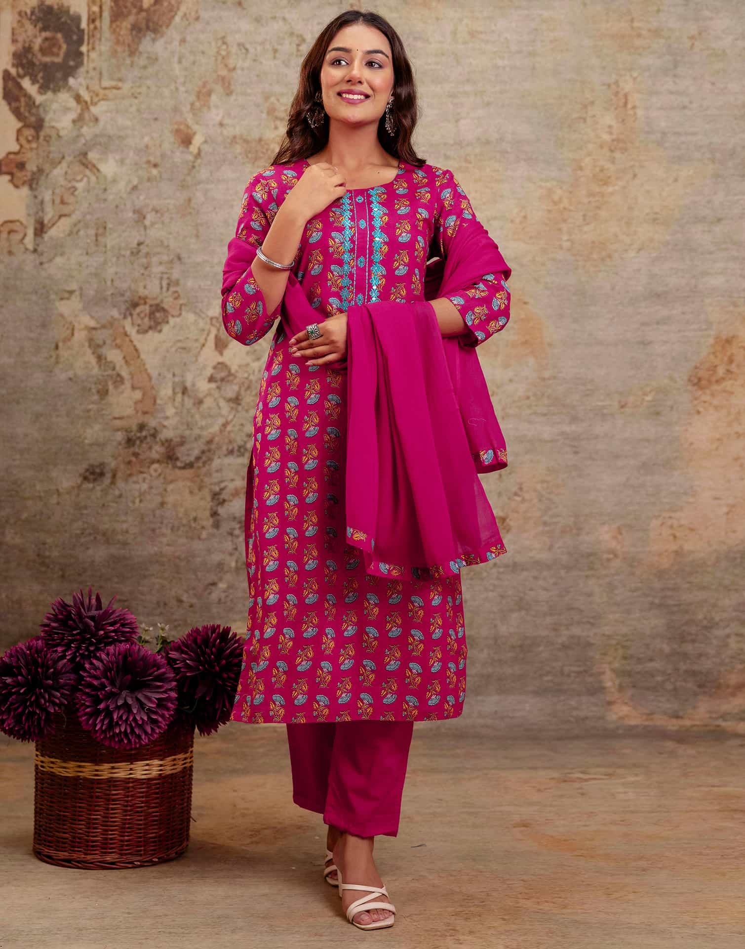 Pink Cotton Printed Straight Kurta Set with Pant & Dupatta for Women Round Neck, Casual & Office Wear Under 1299