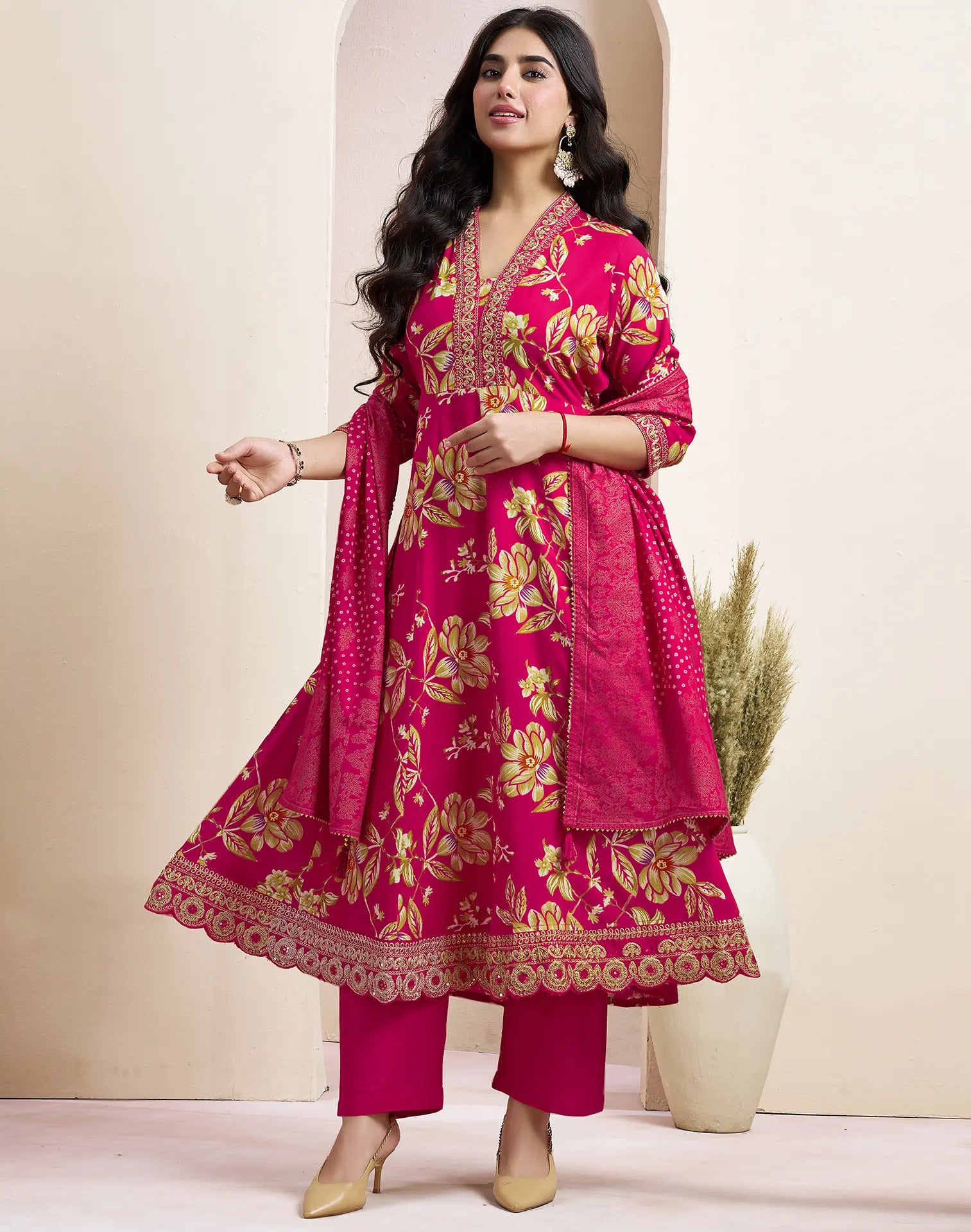 Viscose Rayon Floral Print Anarkali 3 Piece Kurta Set