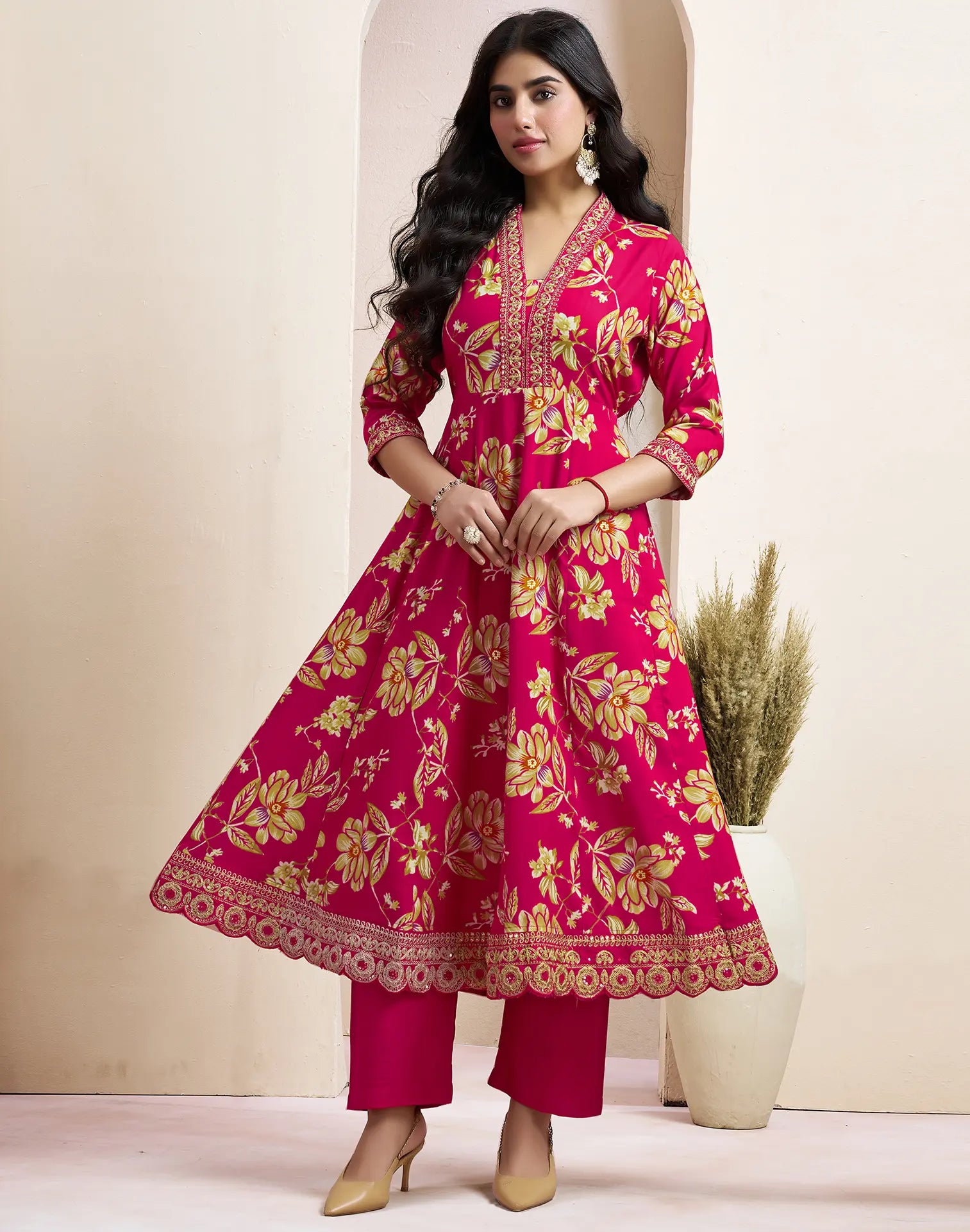 Viscose Rayon Floral Print Anarkali 3 Piece Kurta Set