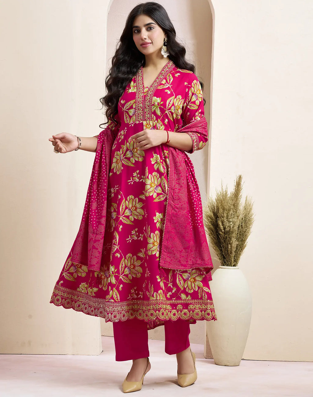 Viscose Rayon Floral Print Anarkali 3 Piece Kurta Set