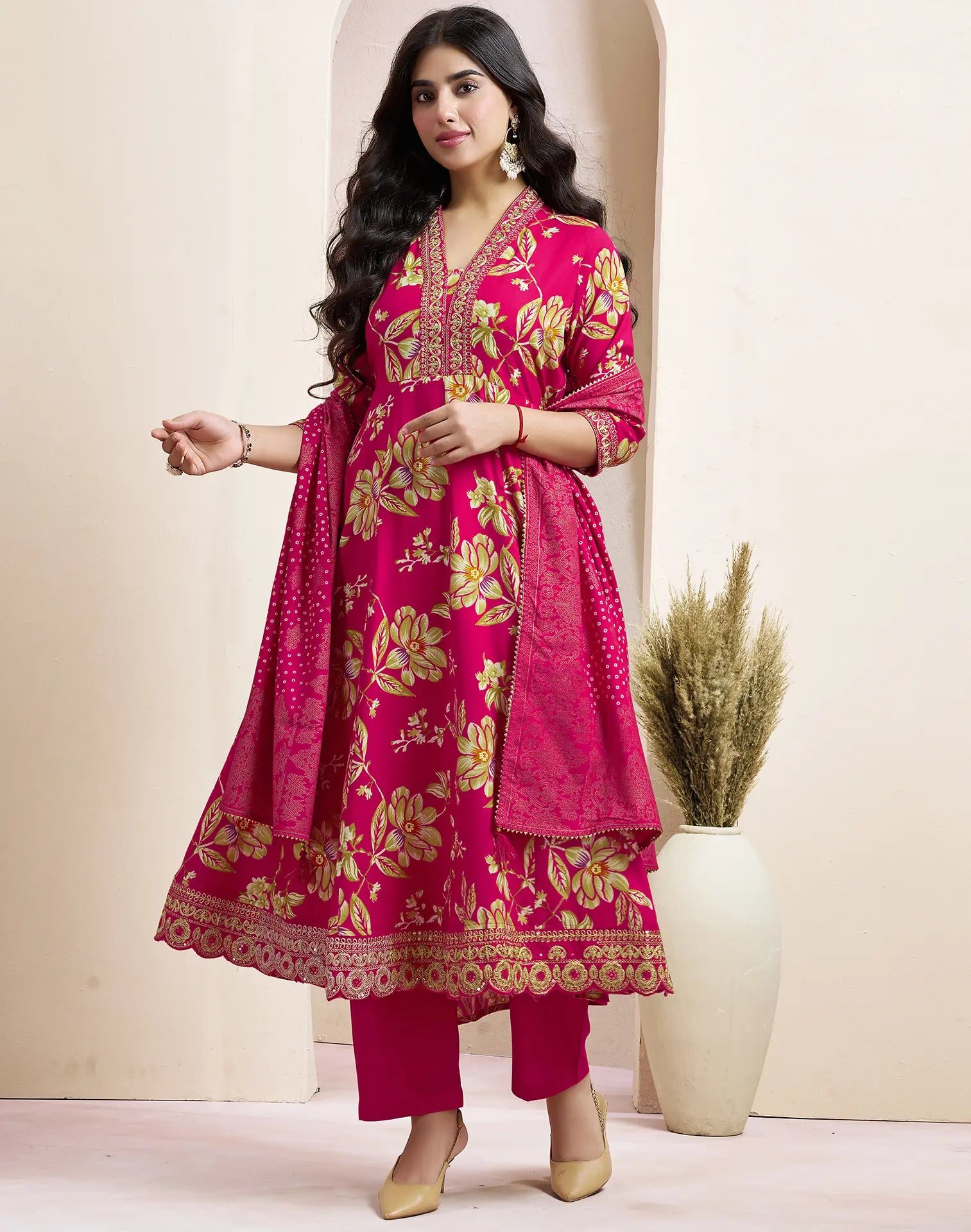 Viscose Rayon Floral Print Anarkali 3 Piece Kurta Set