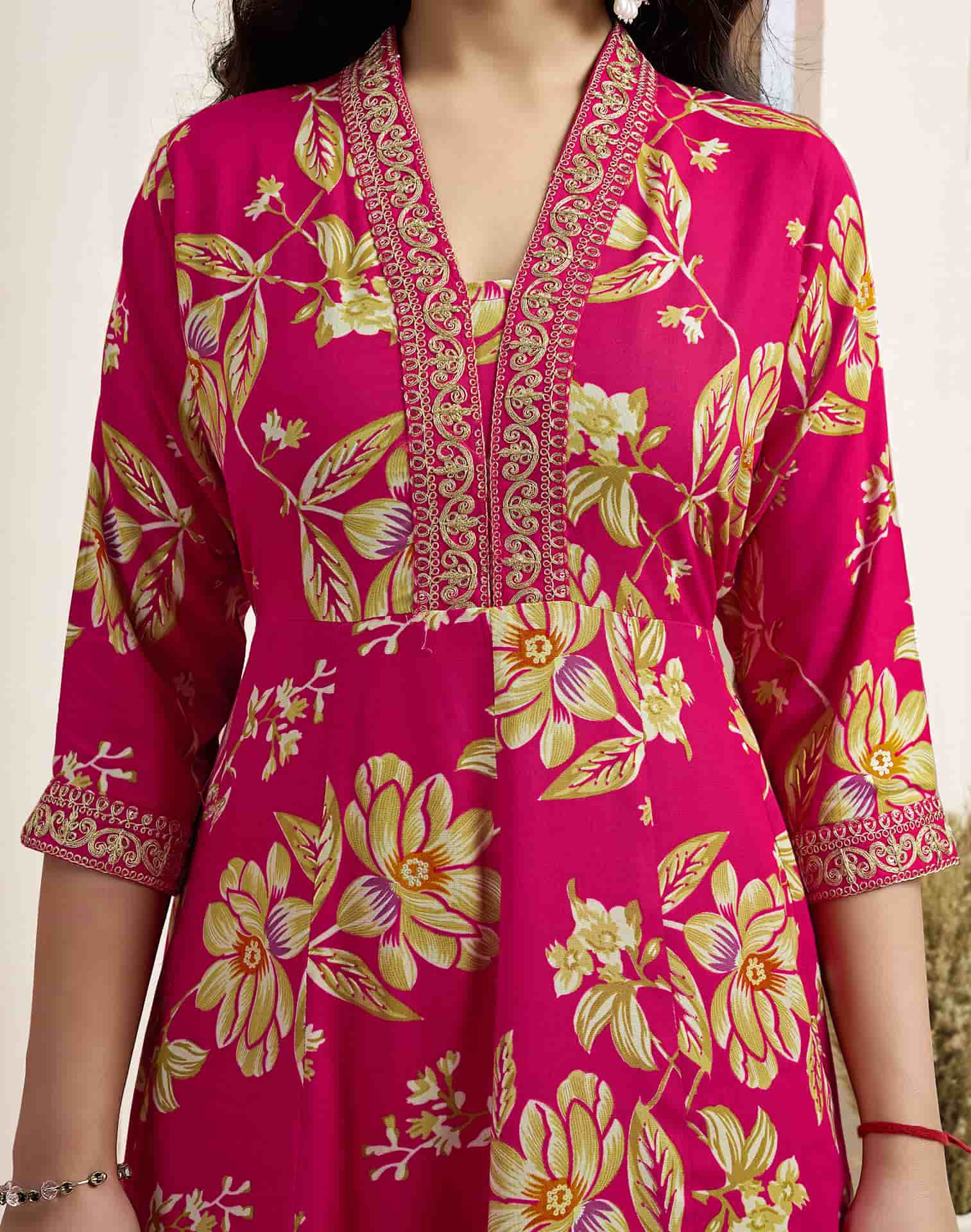 Pink Cotton Printed Anarkali Kurta Set with Pant & Dupatta for Women V-Neck, Casual & Festival Wear Under 1299