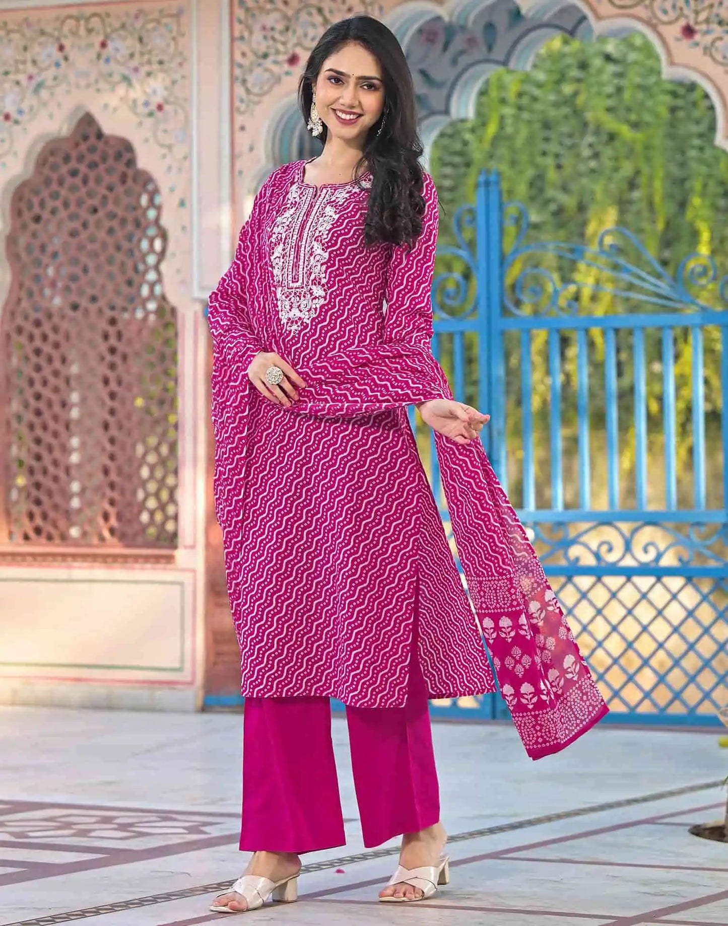 Pink Cotton Printed Straight Kurta Set for Women with Pant and Dupatta