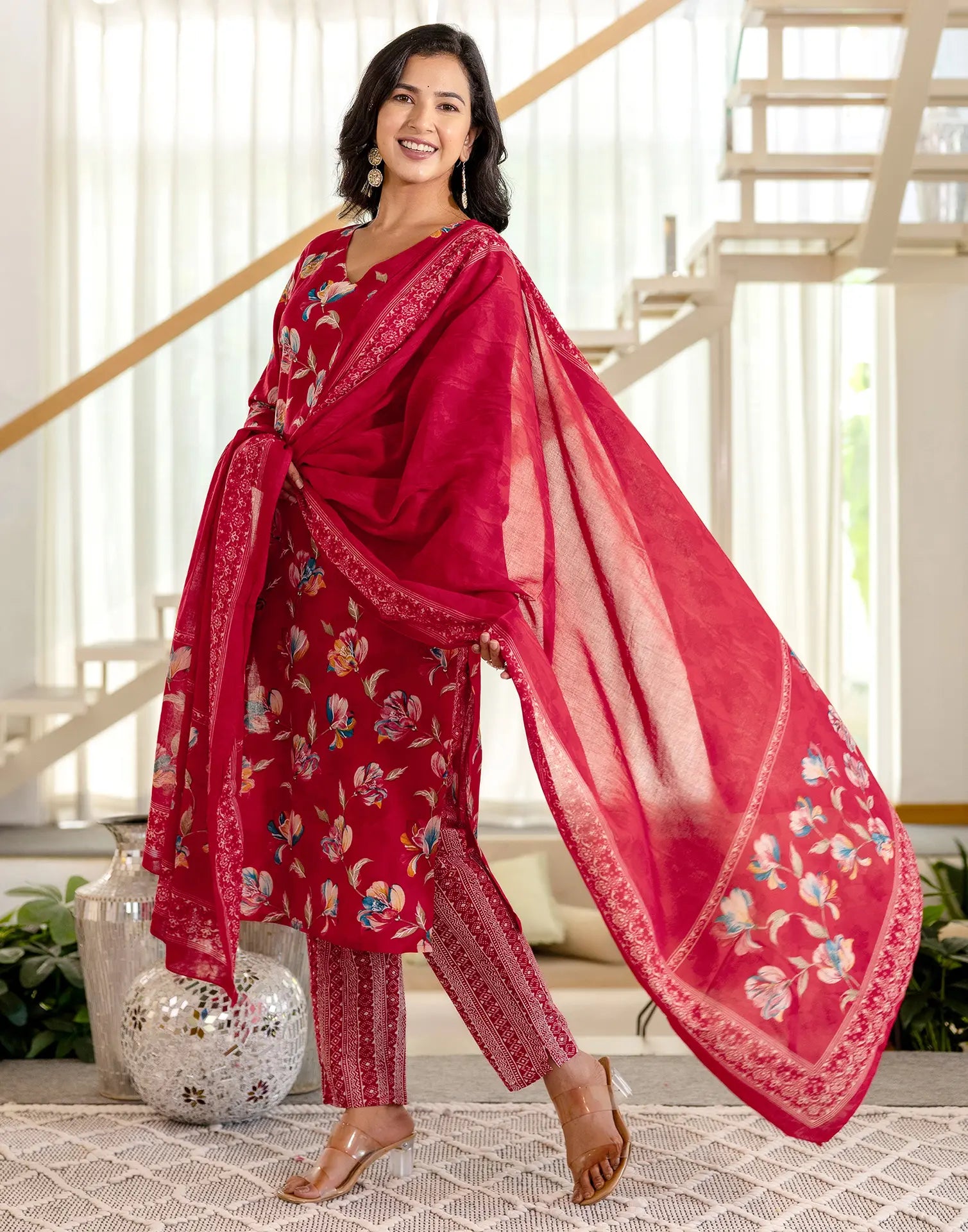 Viscose Rayon Floral Print Straight 3 Piece Kurta Set