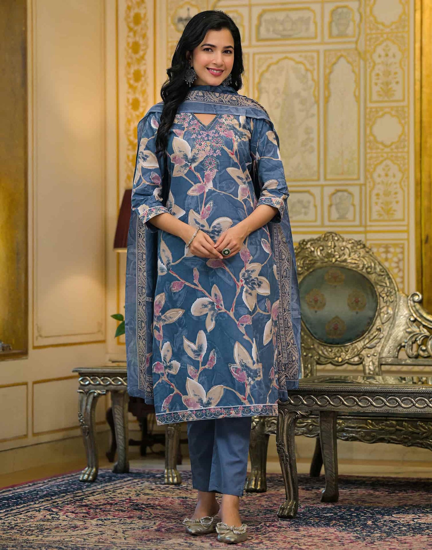 Cotton Straight Printed V-Neck Kurta with Pant & Dupatta