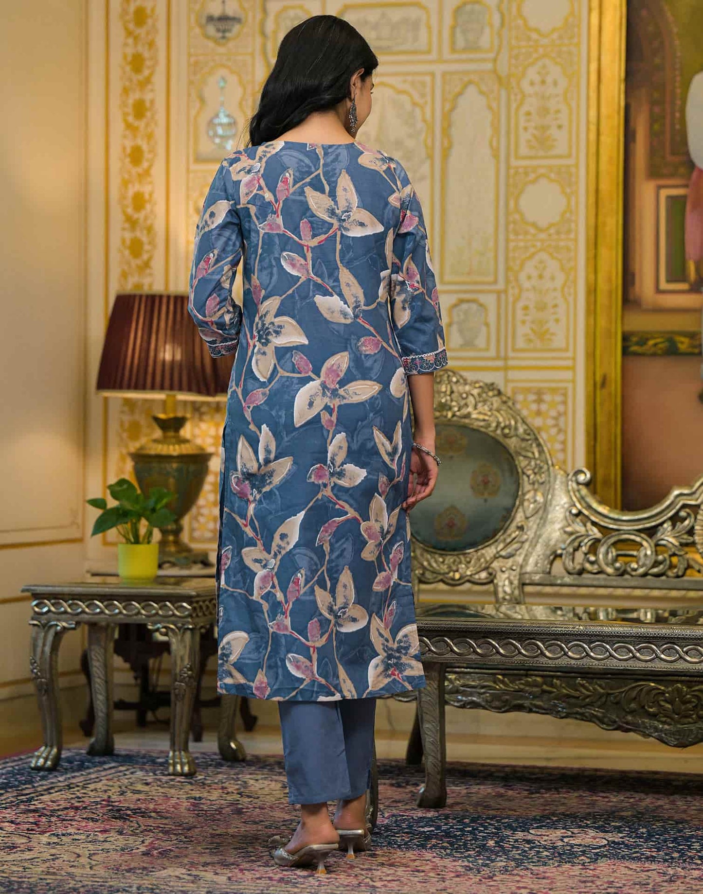 Cotton Straight Printed V-Neck Kurta with Pant & Dupatta