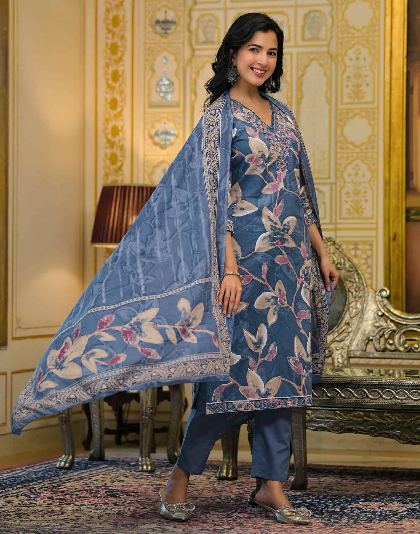 Cotton Straight Printed V-Neck Kurta with Pant & Dupatta