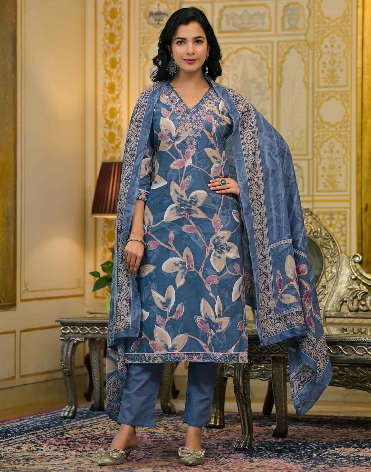 Cotton Straight Printed V-Neck Kurta with Pant & Dupatta