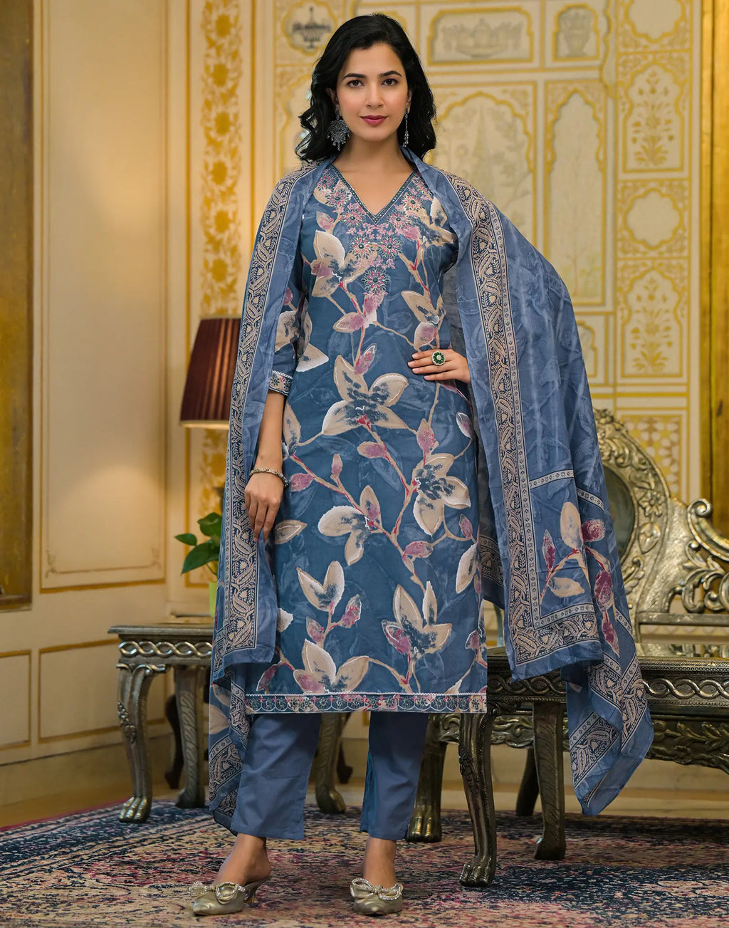 Cotton Floral Print Straight 3 Piece Kurta Set