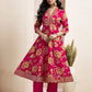Pink Cotton Printed Anarkali Kurta Set with Pant & Dupatta for Women V-Neck, Casual & Festival Wear Under 1299