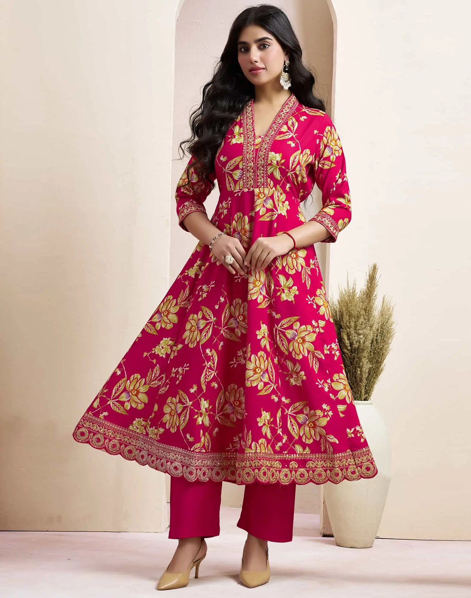 Pink Cotton Printed Anarkali Kurta Set with Pant & Dupatta for Women V-Neck, Casual & Festival Wear Under 1299