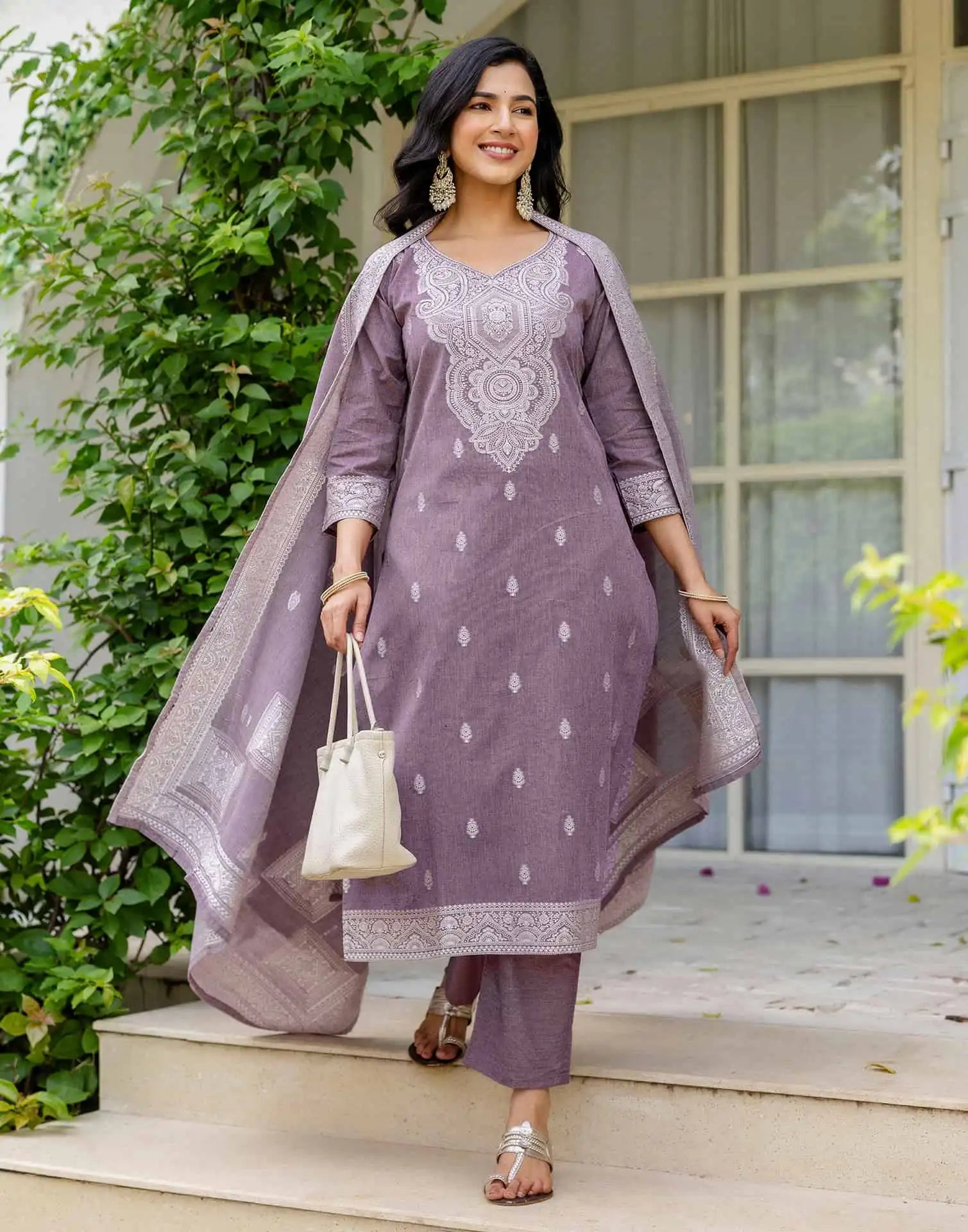 V Neck Cotton Kurta Set with Dupatta Under 1299 for Festive Wear