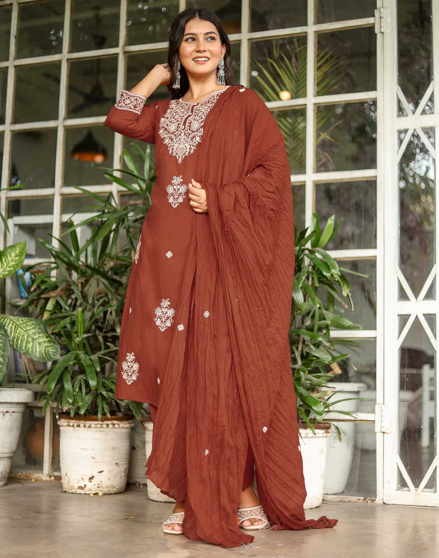Cotton Straight Embroidery Round Neck Kurta with Pant & Dupatta