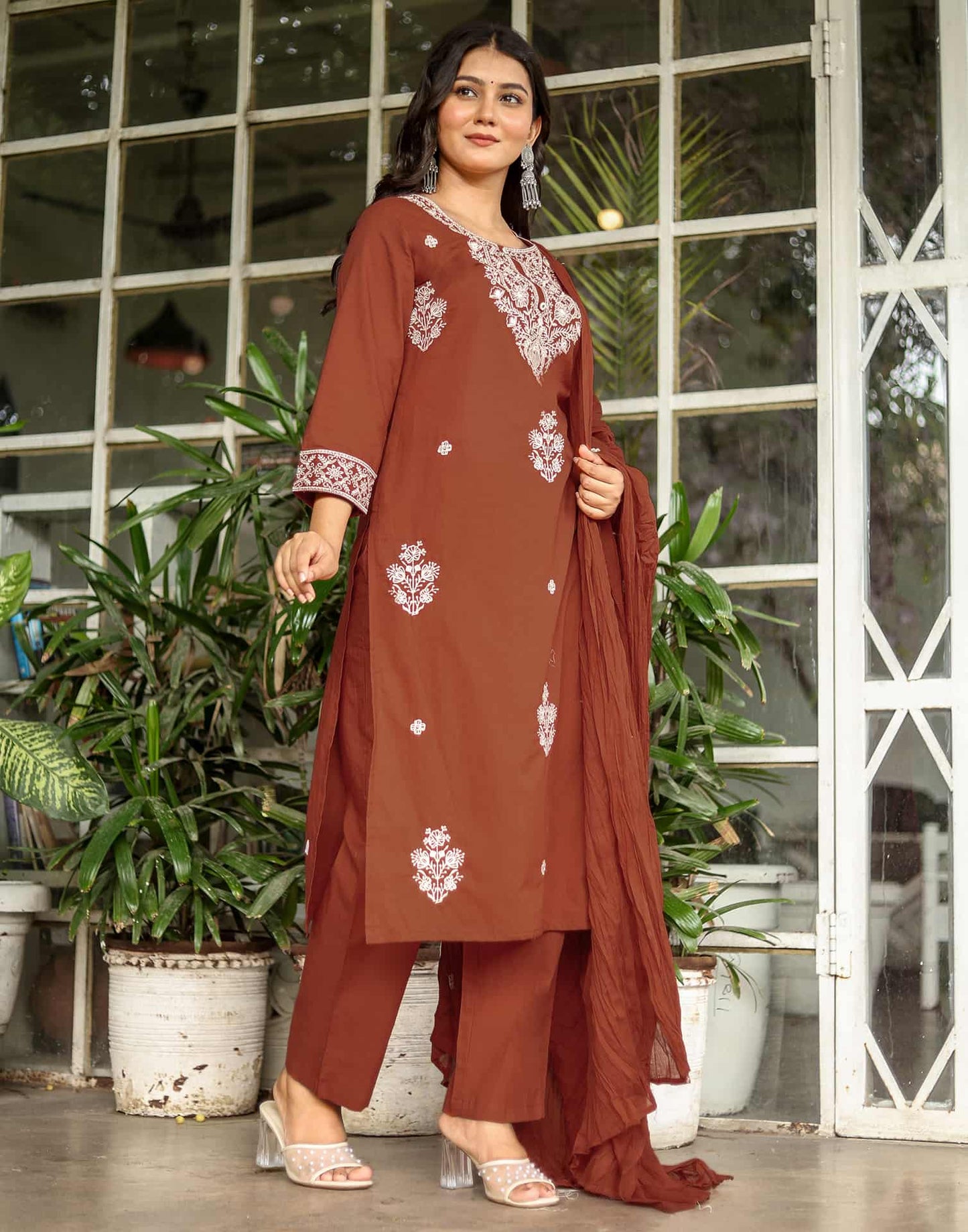Cotton Straight Embroidery Round Neck Kurta with Pant & Dupatta