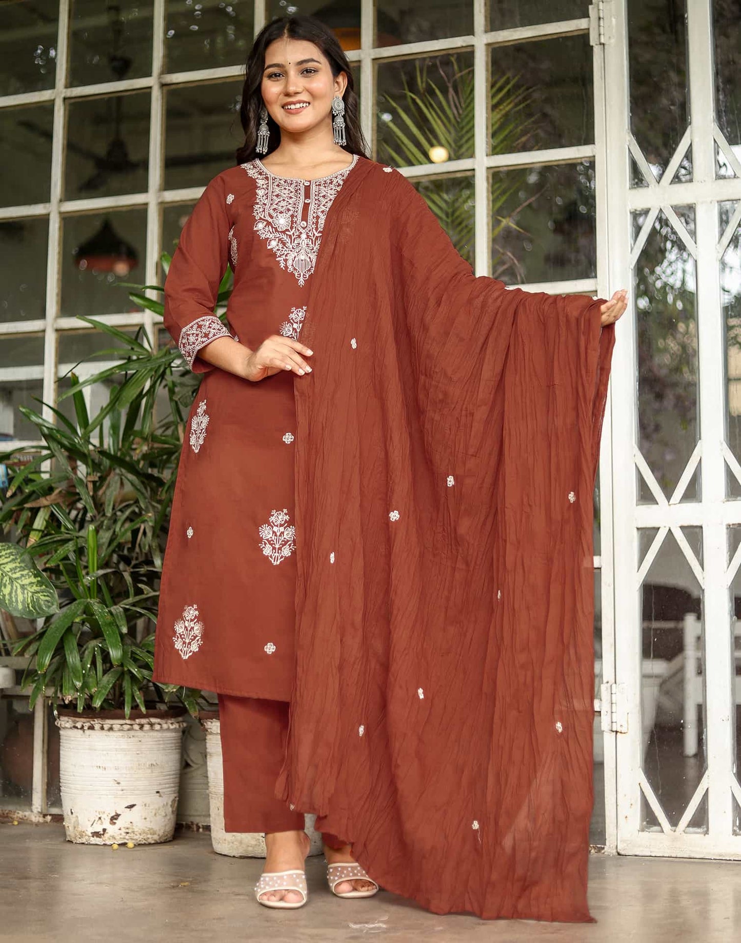 Cotton Straight Embroidery Round Neck Kurta with Pant & Dupatta