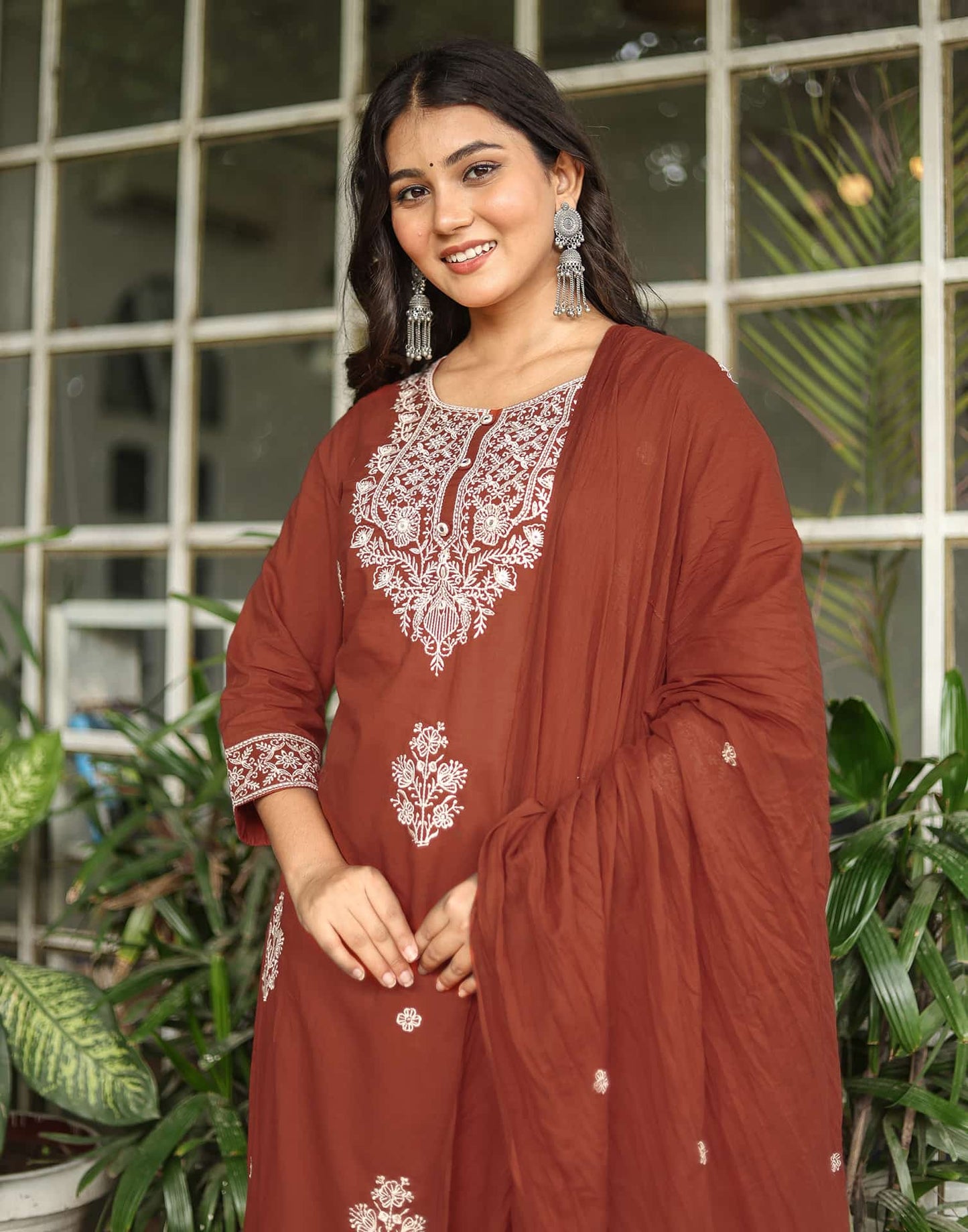 Cotton Straight Embroidery Round Neck Kurta with Pant & Dupatta