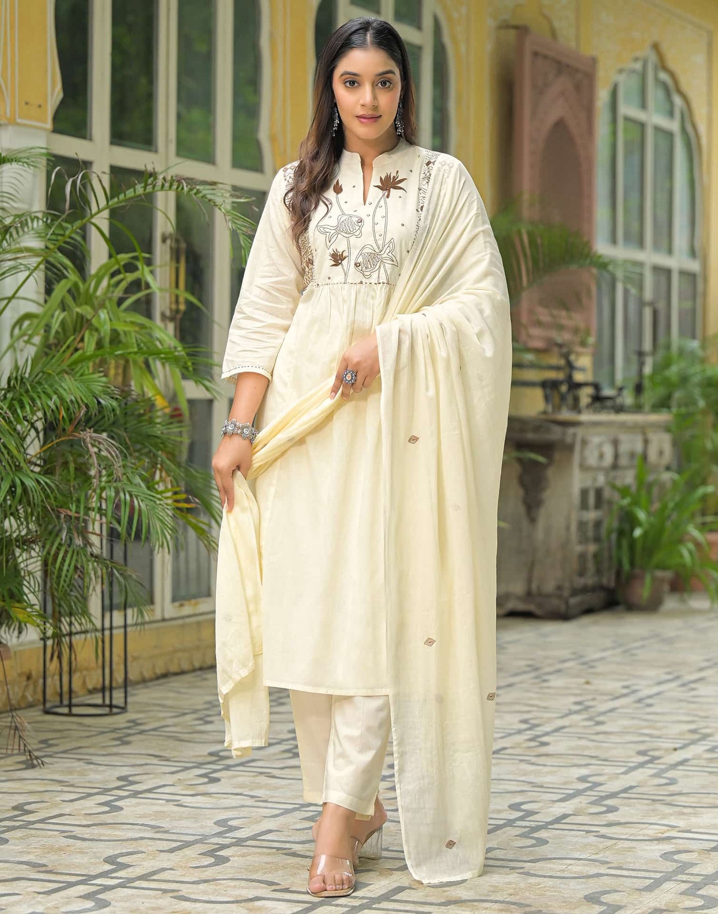 Cotton A-line Embroidery Mandarin Collar Kurta with Pant & Dupatta