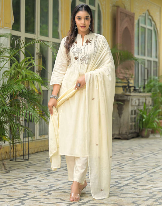 Cotton A-line Embroidery Mandarin Collar Kurta with Pant & Dupatta