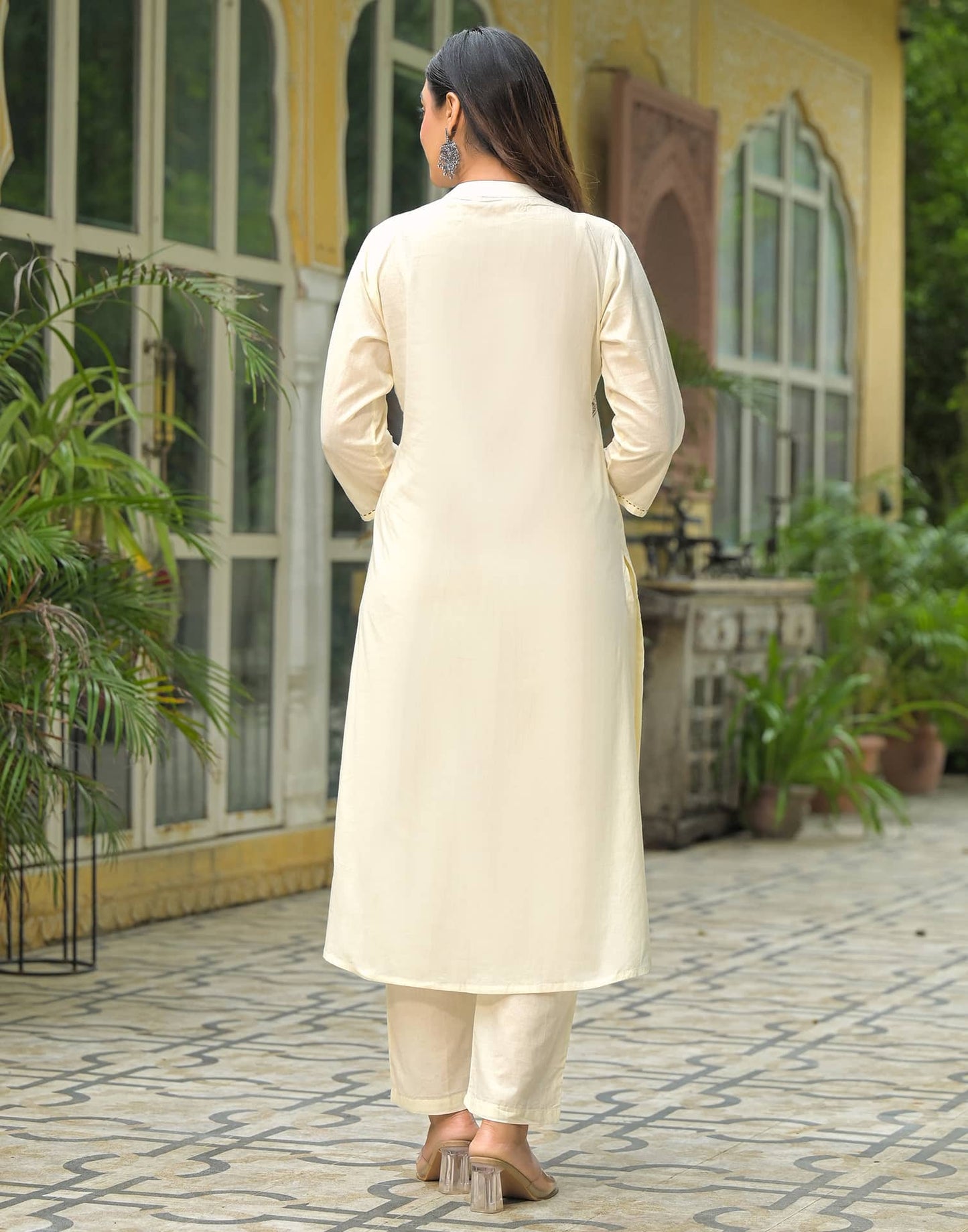 Cotton A-line Embroidery Mandarin Collar Kurta with Pant & Dupatta